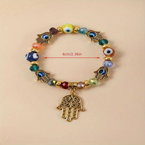 Blue Evil Eye Beaded Stretch Bracelet Fatima Palm Charm Chakra Karma Positive - Picture 3 of 5